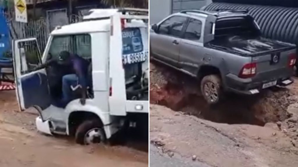 VÍDEO: Carro e reboque ficam presos após asfalto afundar no Barreiro, em BH
