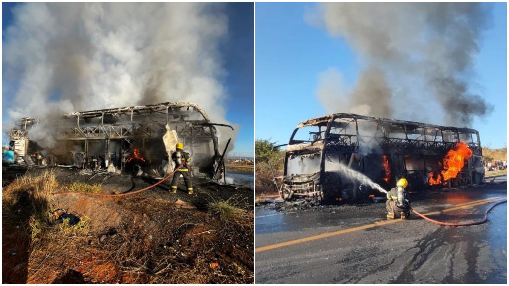 Ônibus com 65 passageiros pega fogo no Anel Rodoviário