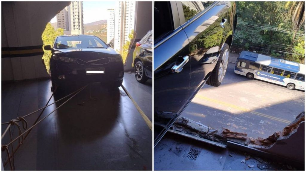 Carro fica pendurado em estacionamento