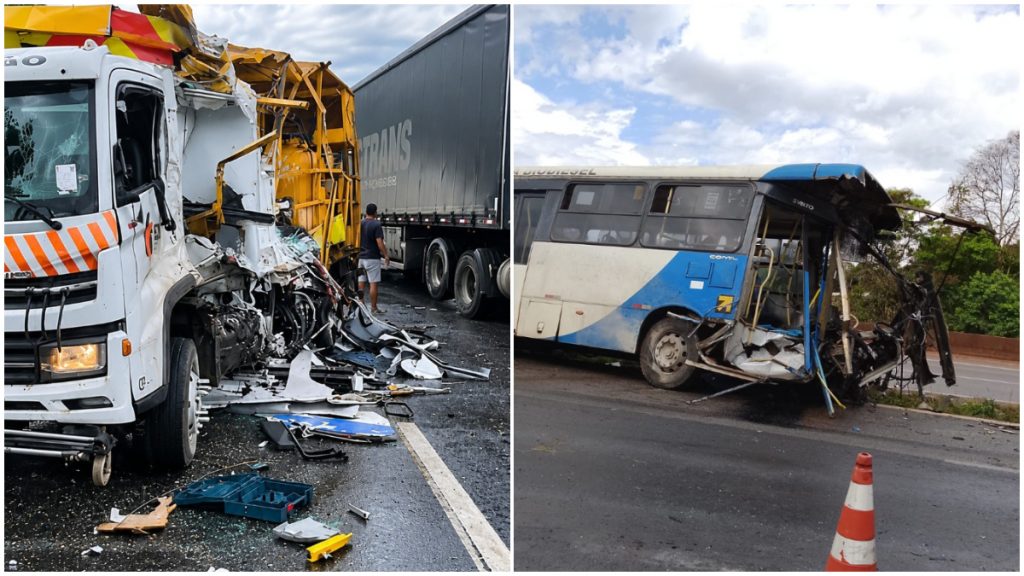 Acidente entre ônibus, van e caminhão mata motorista e causa congestionamento na BR-381