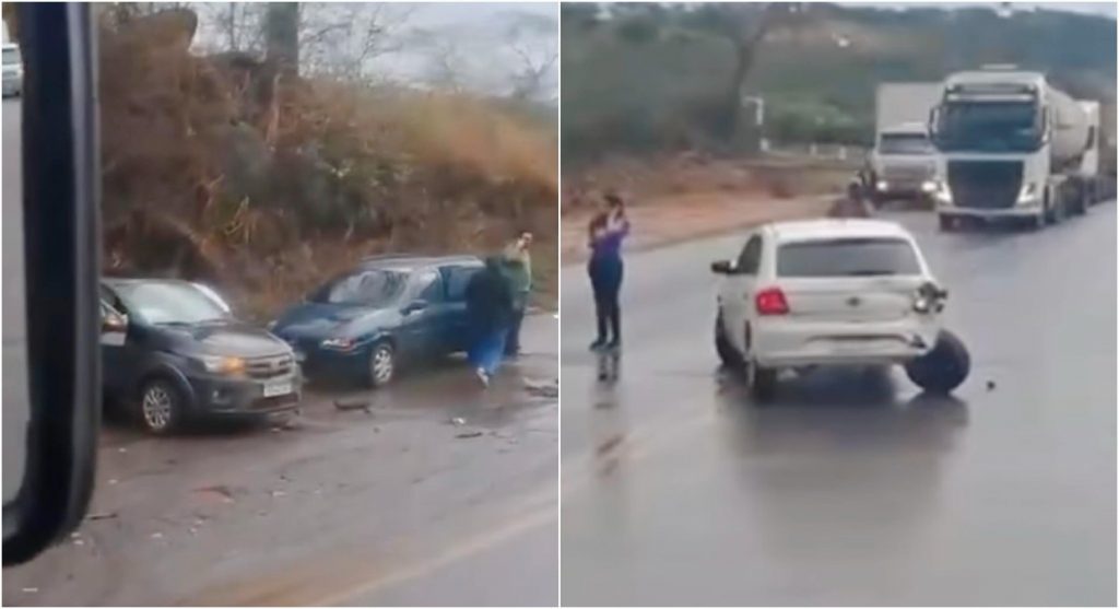 Acidente entre três carros e um ônibus fecha BR-381 em Sabará