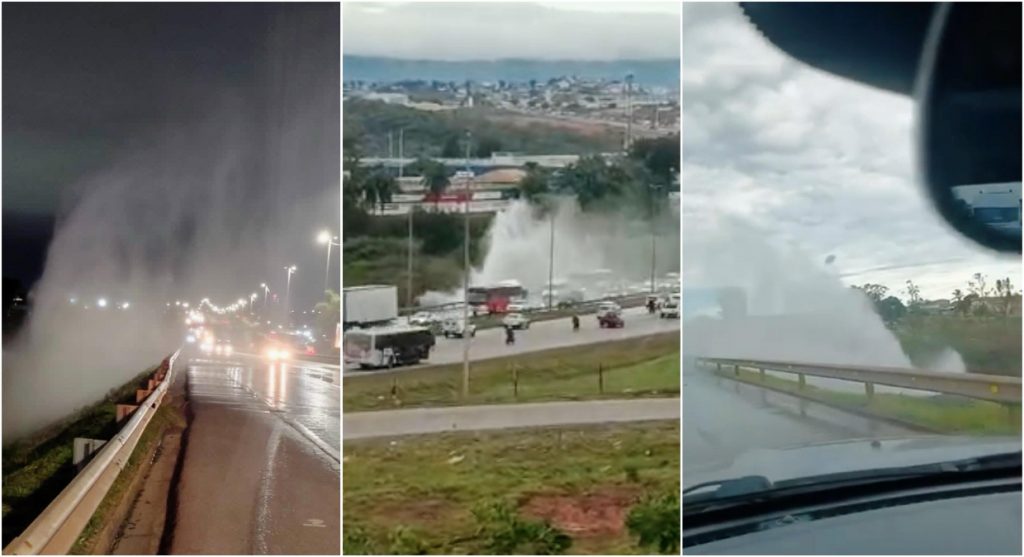 Estrutura da Copasa se rompe e jorra água sobre a BR-040, em frente a Ceasa