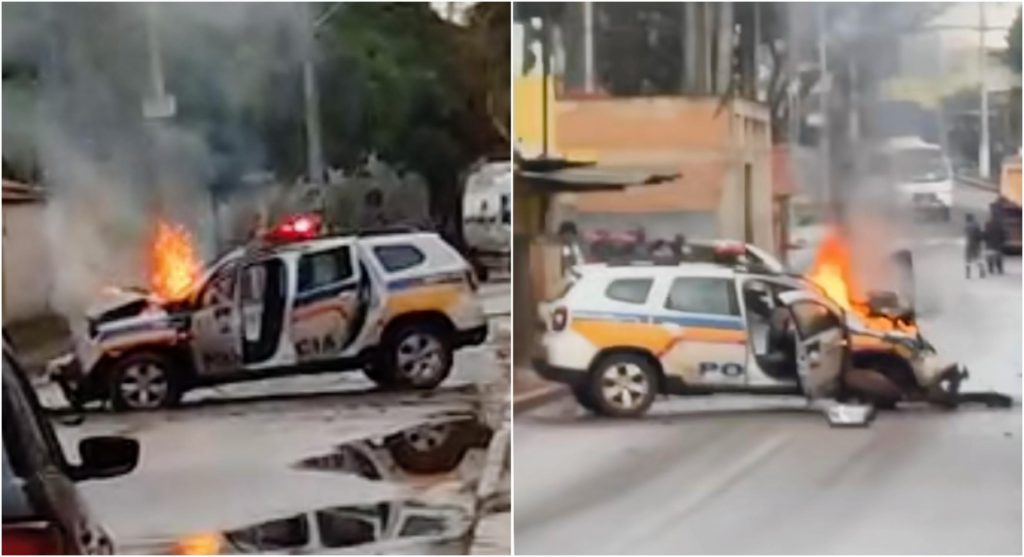 Ao menos dois policiais militares ficaram feridos depois que uma viatura bateu contra uma casa e pegou fogo em Aranha, distrito de Brumadinho, na Grande BH