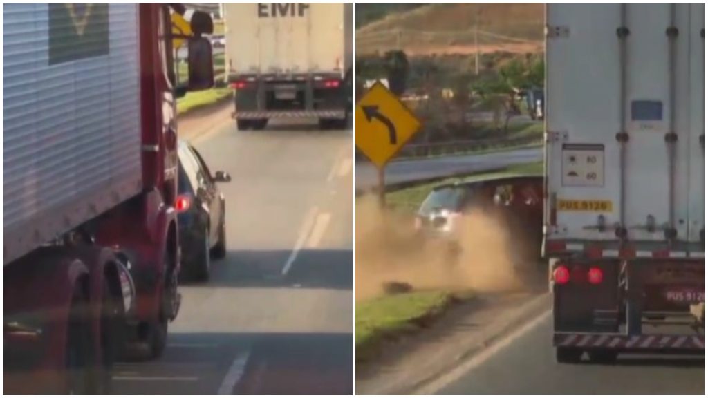 Caminhão 'empurra' carro na BR-040 após desentendimento entre motoristas