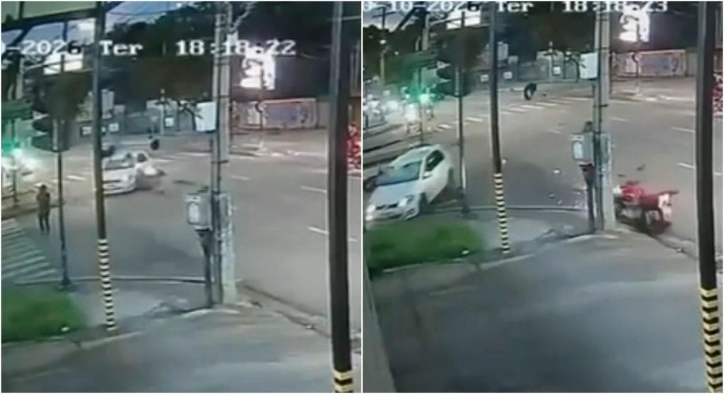 Um acidente entre um carro e uma moto em um cruzamento da avenida Tereza Cristina, no Barreiro, em BH, terminou com três pessoas feridas, entre elas, uma pedestre que atravessava a rua no momento da colisão