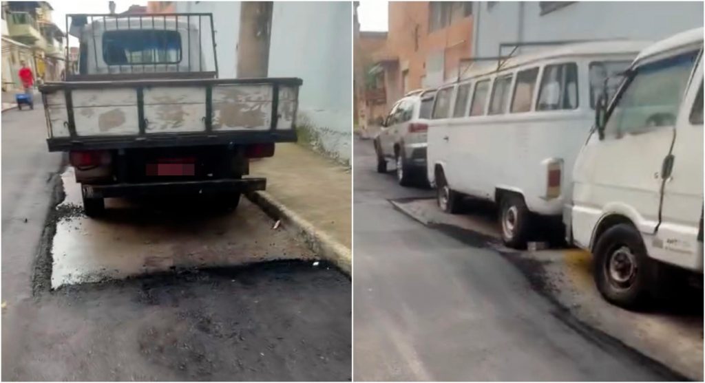 Ao refazer o asfalto de uma rua, a Prefeitura de Ibirité decidiu contornar os veículos que estavam estacionados e não foram retirados previamente