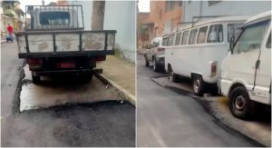 Ao refazer o asfalto de uma rua, a Prefeitura de Ibirité decidiu contornar os veículos que estavam estacionados e não foram retirados previamente