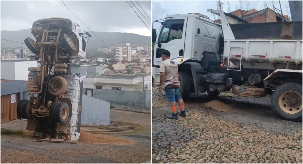 Um caminhão ficou com a cabine para o ar após tombar em uma ladeira em Pará de Minas