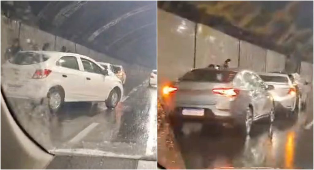 Dois engavetamentos no Túnel da Lagoinha, sentido Centro de BH, envolveram oito carros e duas motos