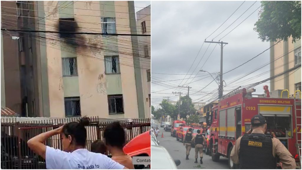 mulher em frente a prédio que teve incêndio madre gertrudes e viaturas dos bombeiros no local