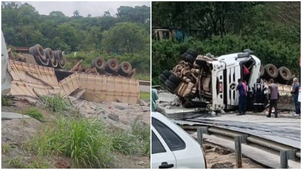 Caminhão de cimento tomba na Grande BH e motorista preso as ferragens morre