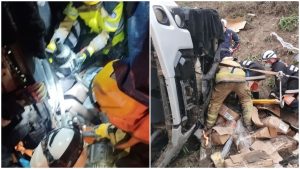 Caminhão tomba na BR-381 e motorista fica preso às ferragens