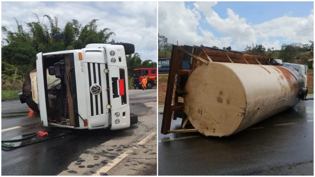 Caminhão com 15 mil litros de óleo vegetal tomba na BR 262 em Mateus Leme