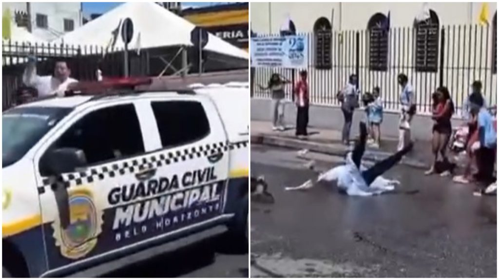 Padre cai de viatura da Guarda Municipal ao jogar água benta em fiéis em BH
